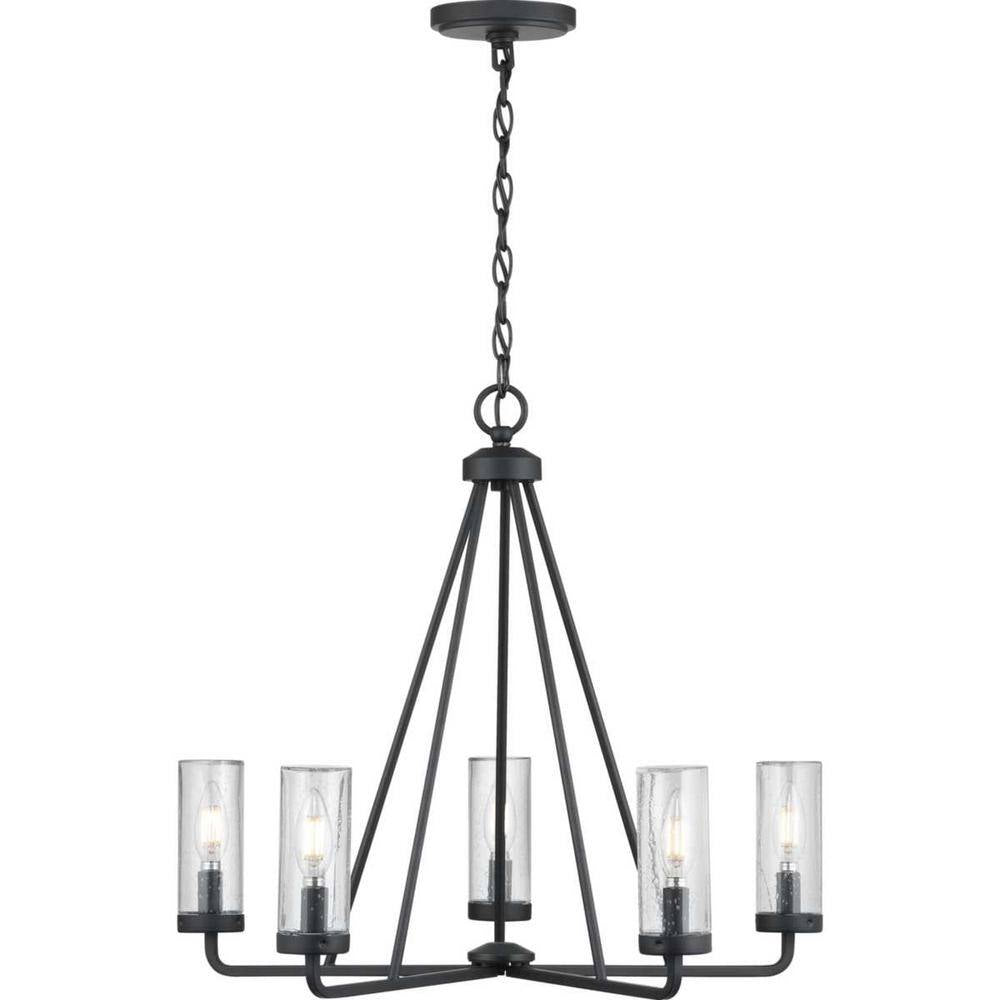 Bainbridge 24 In. 5-Light Black Outdoor Urban Industrial Chandelier with Clear Seeded Glass Shades