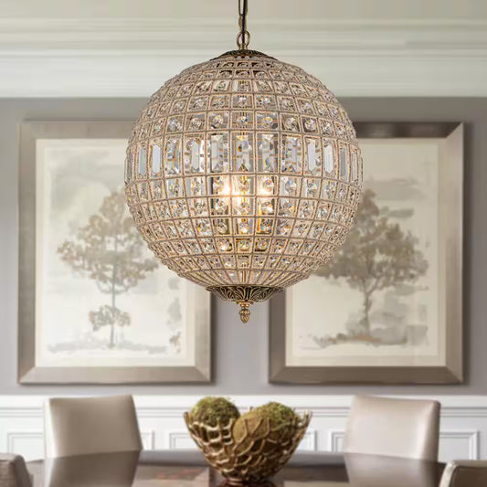 3-Light 18 In. Handcrafted Crystal Chandelier in Antique Gold Vintage French Globe Pendant Light with K9 Crystal Beads