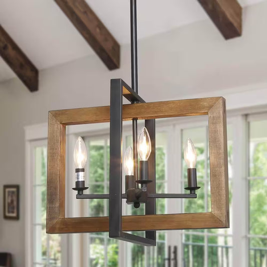 Farmhouse 4-Light Solid Wood Candlestick Chandelier with Black Frame Cottage Ceiling Light for Kitchen Island