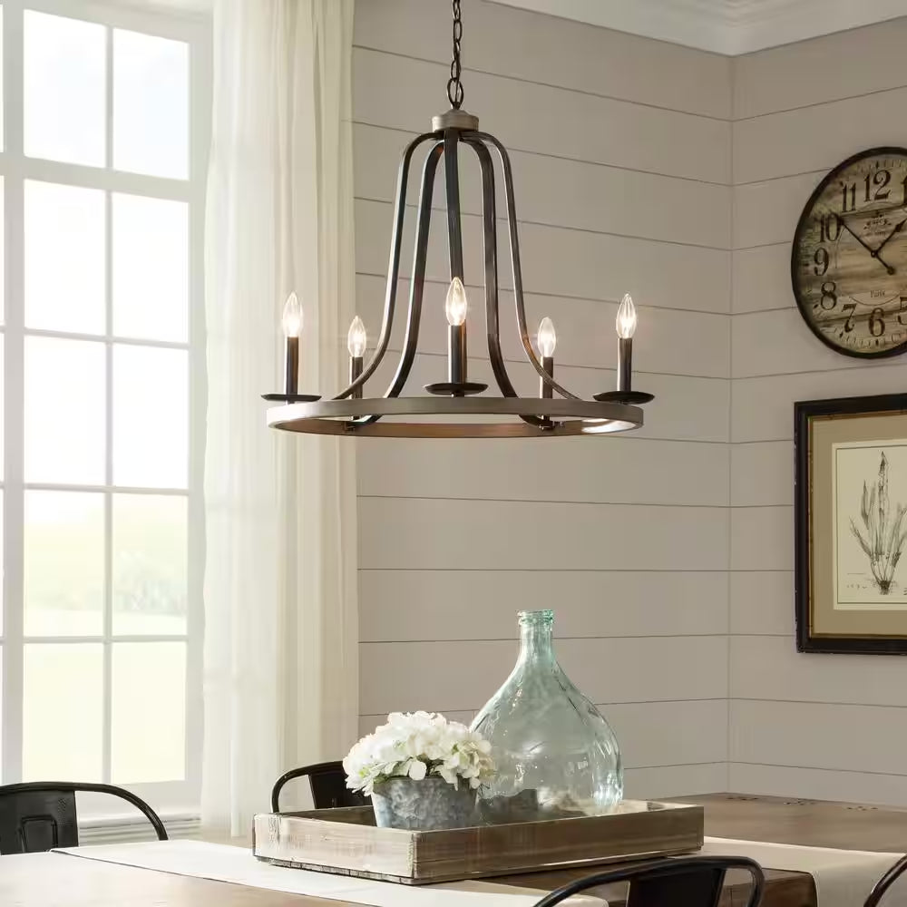 Conal 5-Light Weathered Gray Wagon Wheel Rustic Farmhouse Bell Candlestick Chandelier with Distressed Oak Finish Accents
