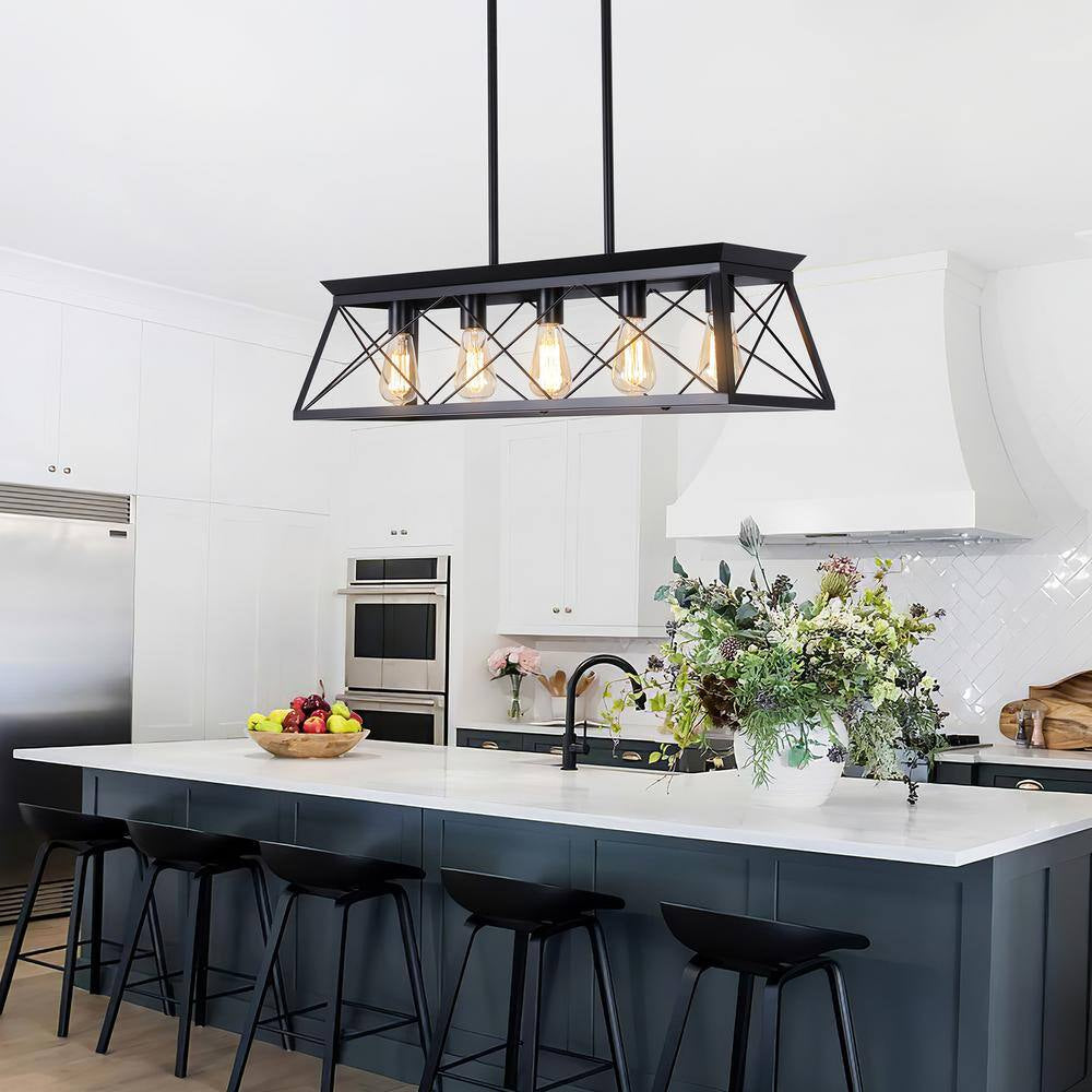 Industrial Series 5-Light Chandelier, Matte Black Finish, Modern Shape, Suitable for Living/Dining Room