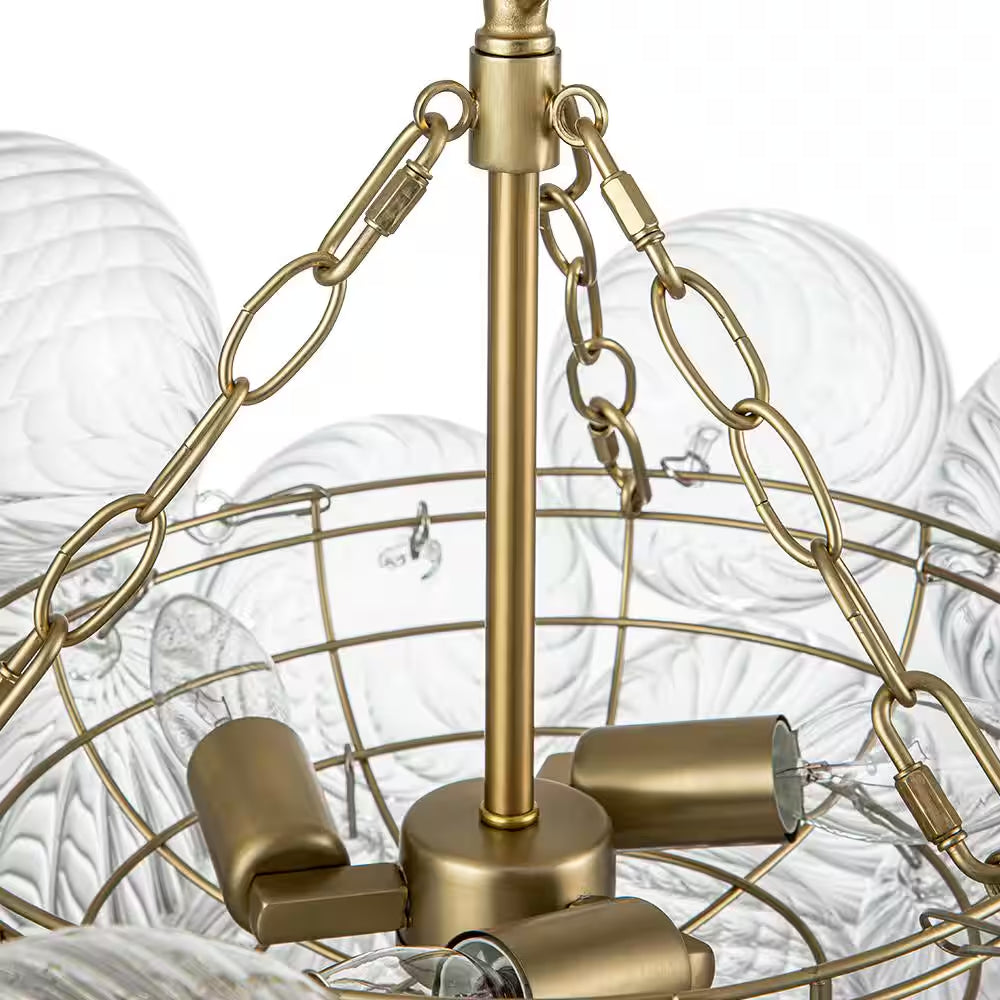 Neuvy 3-Light 23.6 In. W Brass Chandelier with Swirled-Glass Orb Cluster Bubble Ribbed Glass Chandelier for Living Room