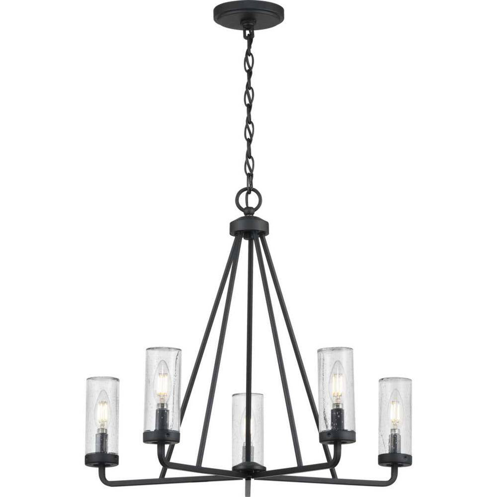 Bainbridge 24 In. 5-Light Black Outdoor Urban Industrial Chandelier with Clear Seeded Glass Shades