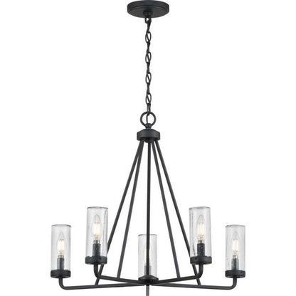 Bainbridge 24 In. 5-Light Black Outdoor Urban Industrial Chandelier with Clear Seeded Glass Shades