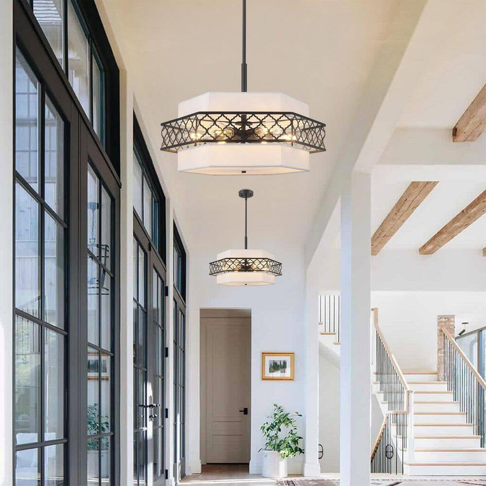 6-Light Modern Farmhouse Black Fabric Drum Chandelier for Living Room Kitchen Entryway Hallway Foyer