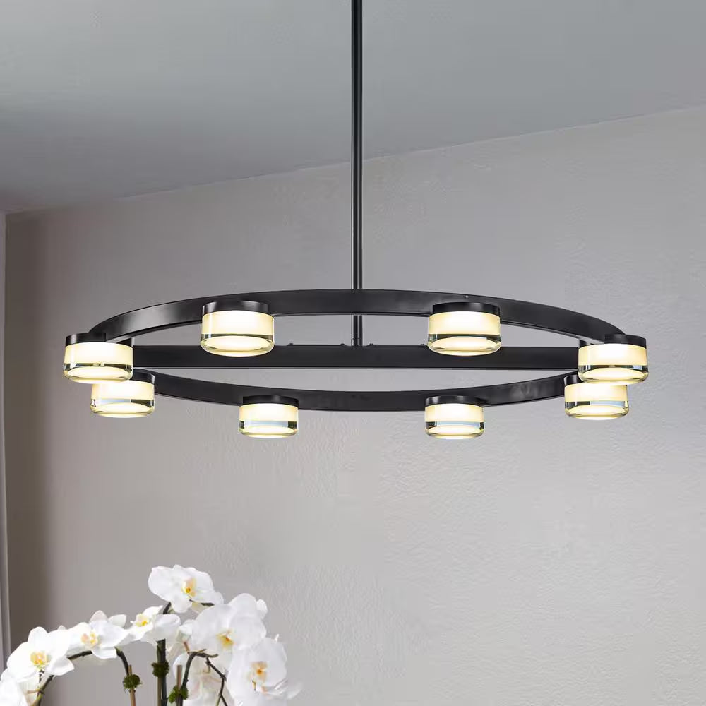 8-Light 32 In. W Modern Contemporary Wagon Wheel Circle Integrated LED Chandelier in Matte Black Buld Included