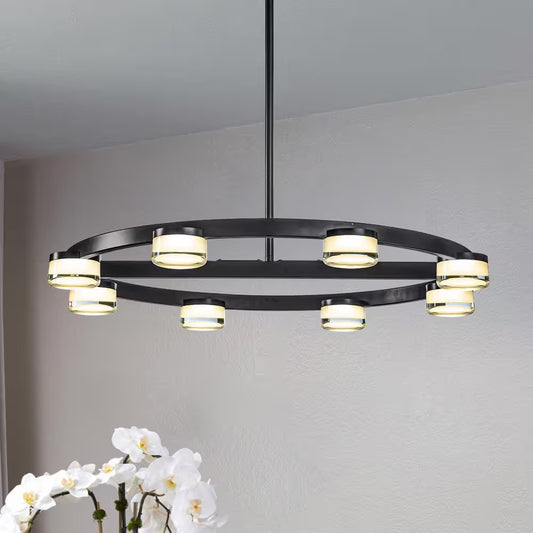 8-Light 32 In. W Modern Contemporary Wagon Wheel Circle Integrated LED Chandelier in Matte Black Buld Included