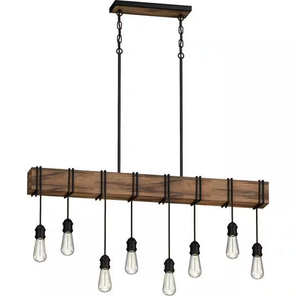 8-Light Rustic Black and Wood Grain Linear Island Bulb Chandelier