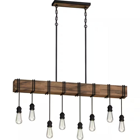 8-Light Rustic Black and Wood Grain Linear Island Bulb Chandelier
