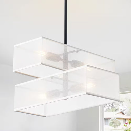 4-Light Modern Farmhouse White Fabric Drum Chandelier for Kitchen Island with No Bulbs Included