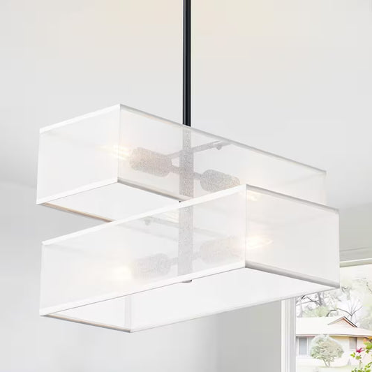 4-Light Modern Farmhouse White Fabric Drum Chandelier for Kitchen Island with No Bulbs Included