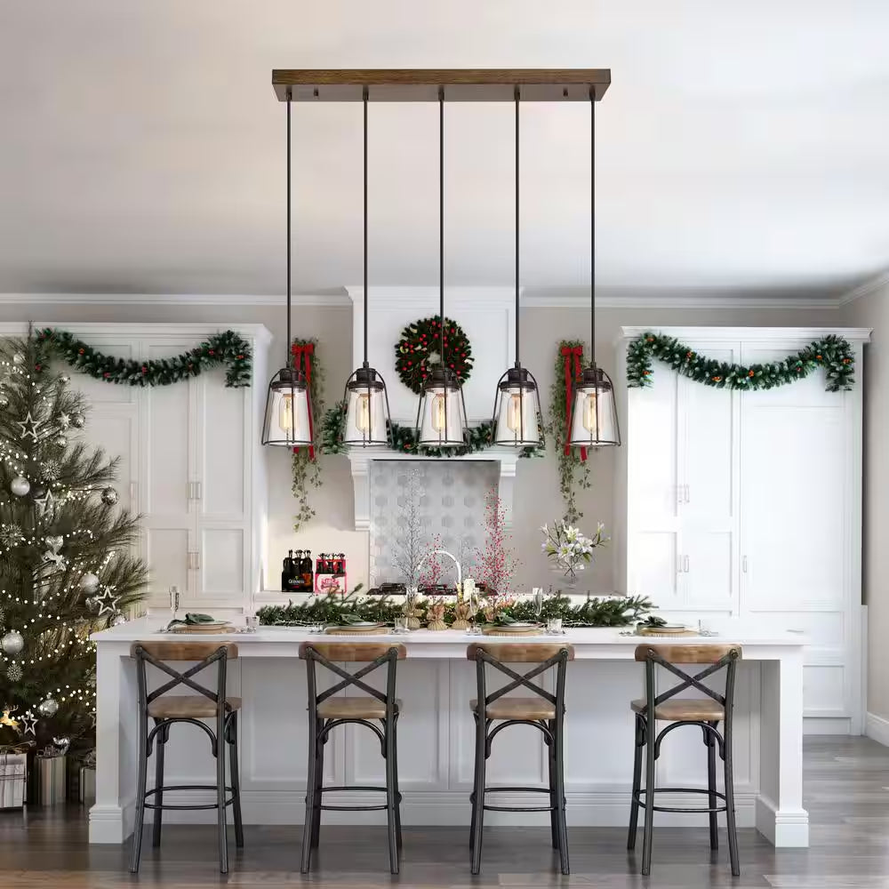 Modern Farmhouse Dining Room Chandelier 5-Light Rustic Bronze Chandelier for Kitchen Island with Faux Wood Accent