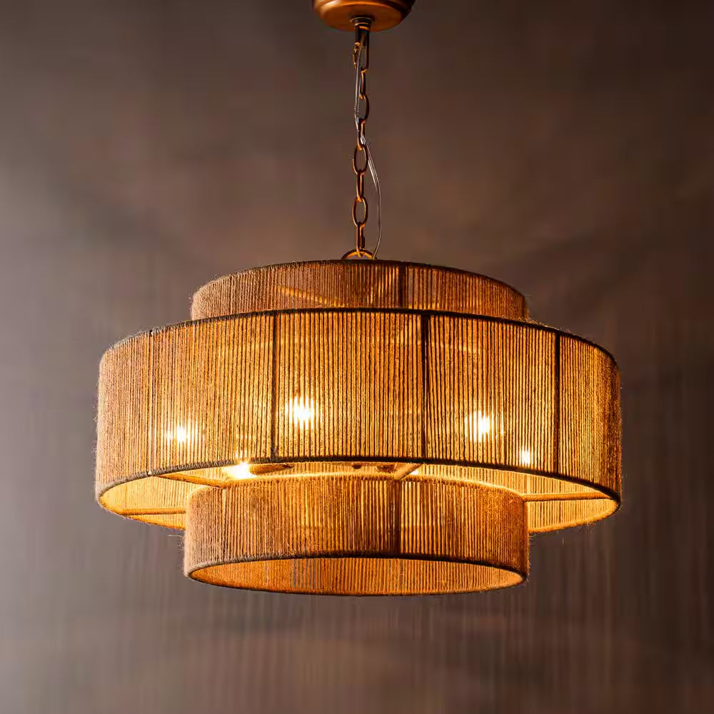 Farmhouse 6-Light Gold 2-Tiered Chandelier with Woven Rope Shade for Living Room Bedroom Dining Room