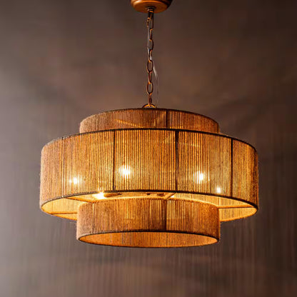 Farmhouse 6-Light Gold 2-Tiered Chandelier with Woven Rope Shade for Living Room Bedroom Dining Room