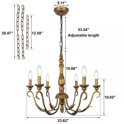 6-Light Distressed Brass Candle Style Farmhouse French Country Chandelier 23.62 In. for Dining Room Bedroom