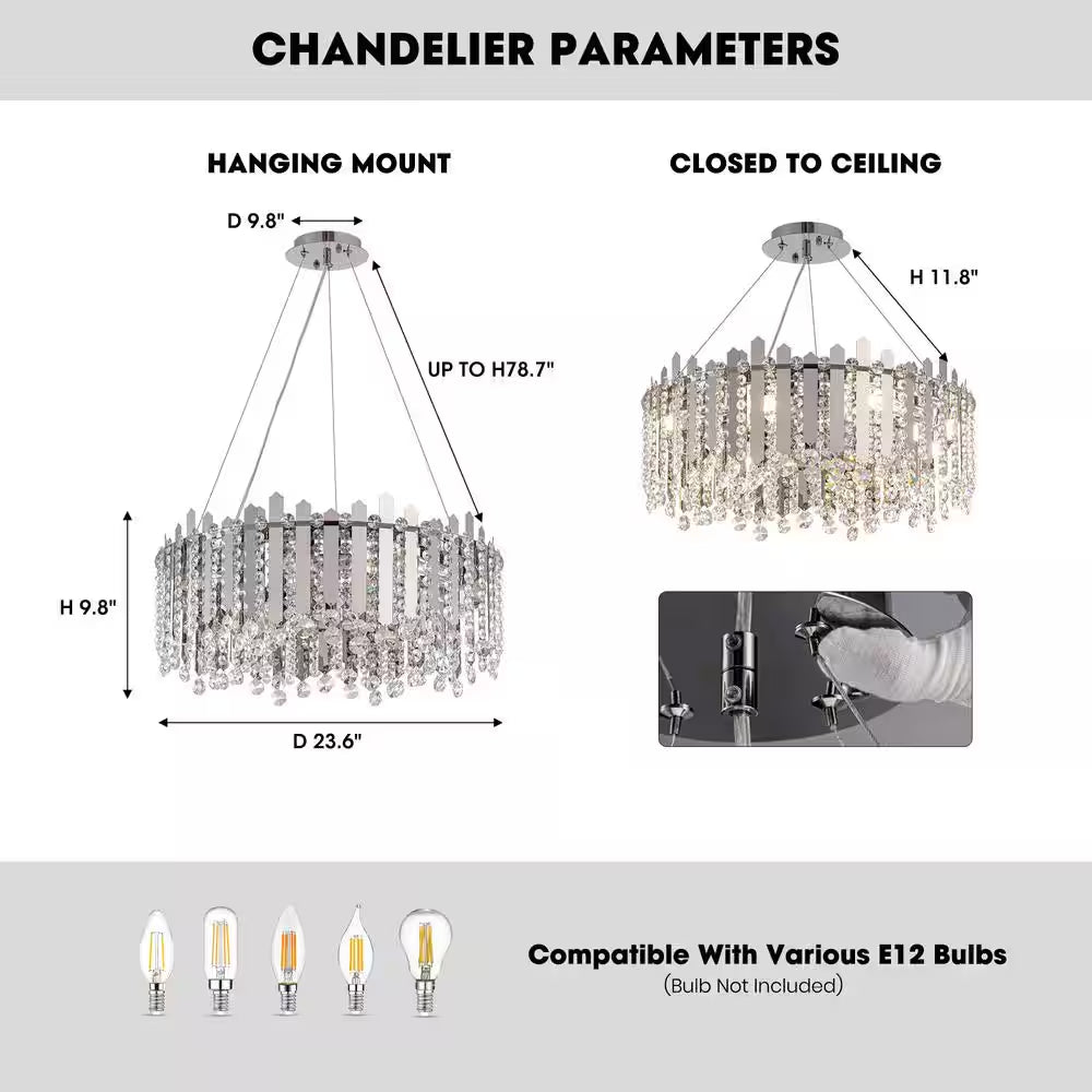 23.6 In. Modern 8-Light Chrome Crystal Chandelier Circle round 2-Tiers Chandelier for Dining Living Room Bedroom