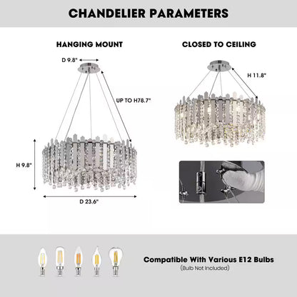 23.6 In. Modern 8-Light Chrome Crystal Chandelier Circle round 2-Tiers Chandelier for Dining Living Room Bedroom