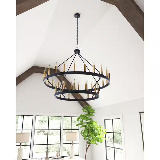 47.24 In. 36-Light round Black Wagon Wheel Chandelier Large Farmhouse 2-Tier Chandeliers