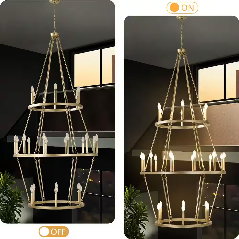 Modern 24-Light Gold 3-Tier Wagon Wheel Farmhouse Industrial Chandelier Rustic Candle Pendant Light