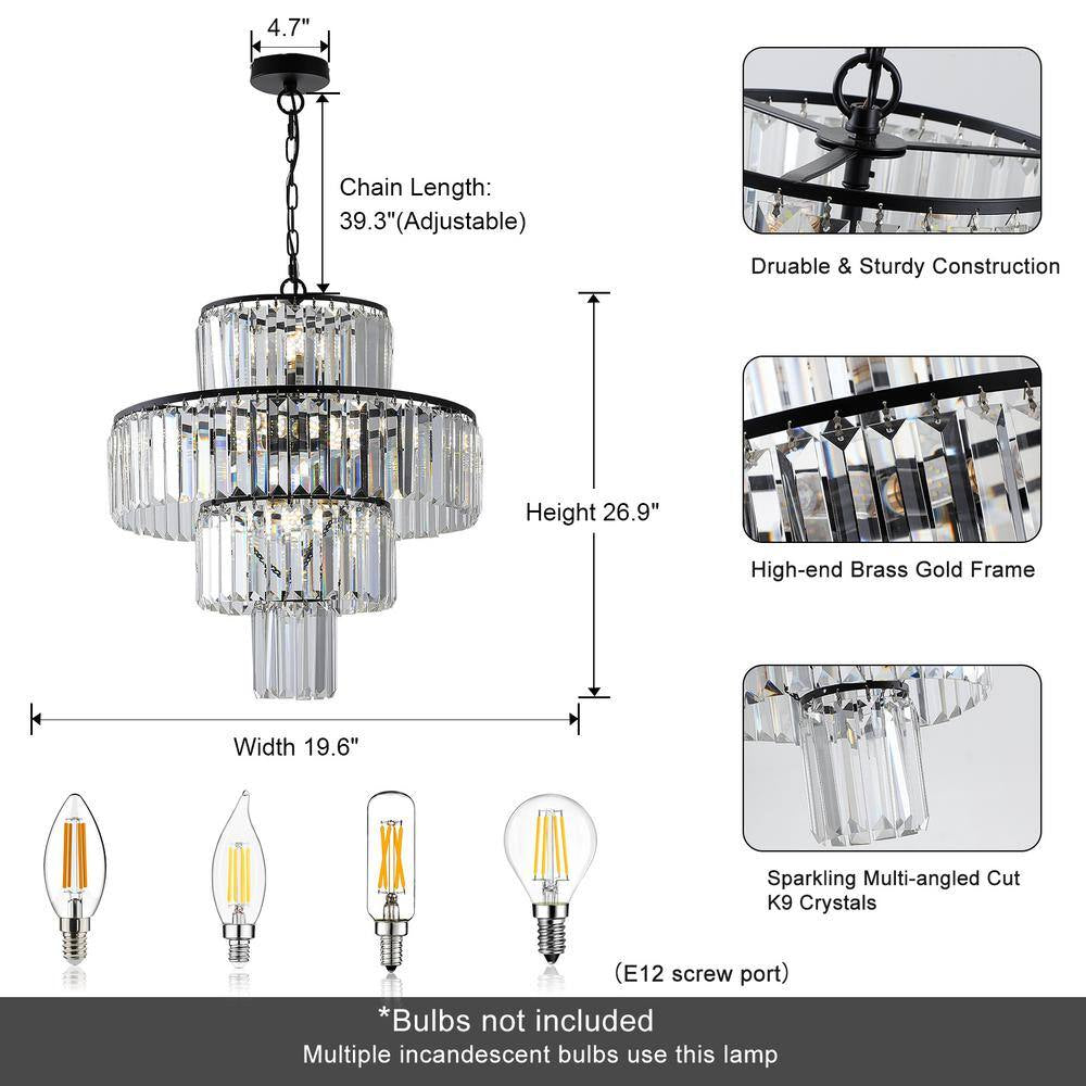 12-Light Black Crystal Chandelier Design round Chandelier for Dining Room Bedroom Living with No Bulbs Included