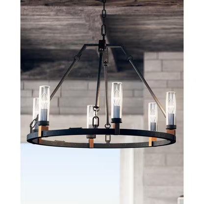 Landen Medium 6-Light Antique Forged Iron Transitional Candlestick Wagon Wheel Outdoor Hanging Chandelier