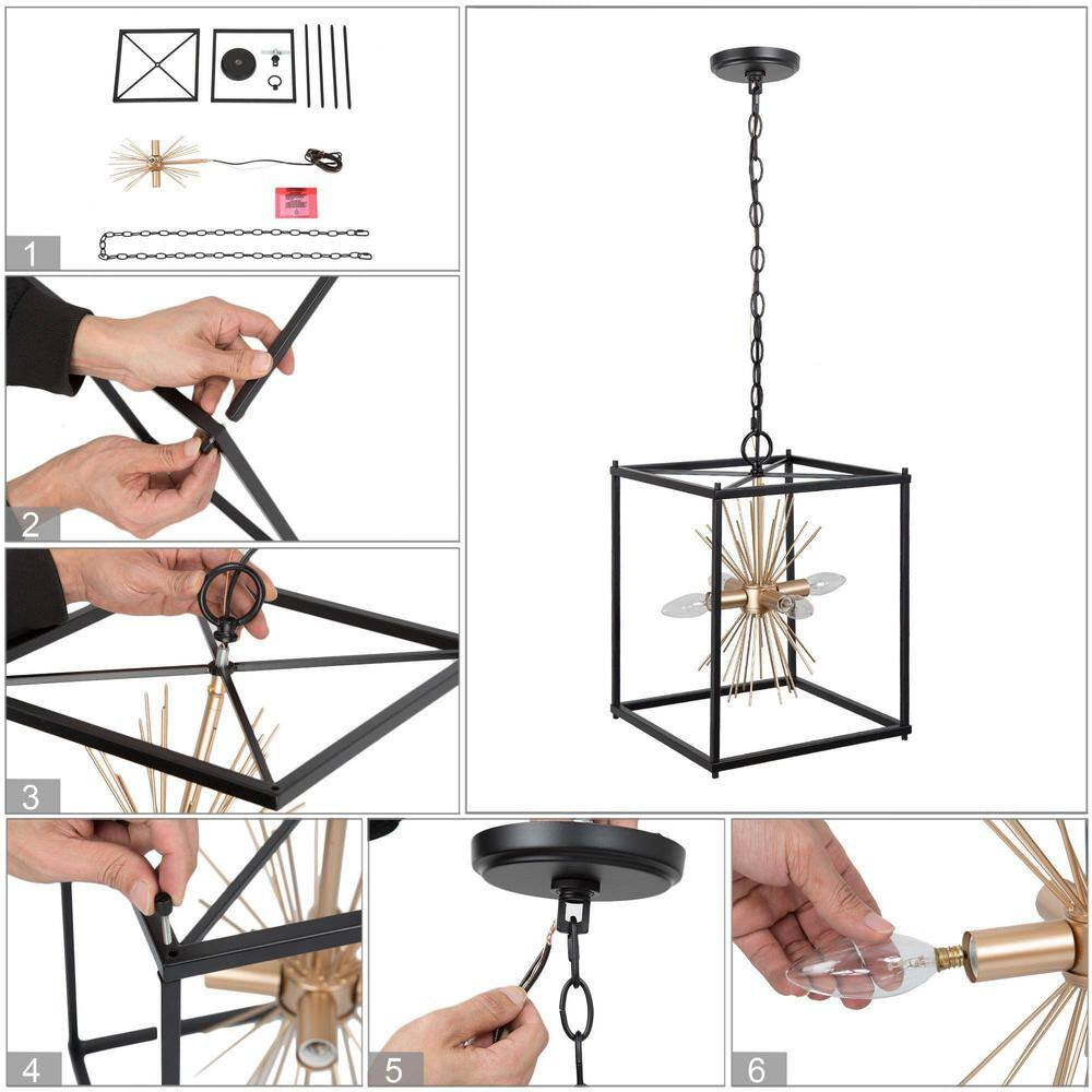 Transitional Kitchen Island Pendant Light 4-Light Black and Brass Cage Pendant Light