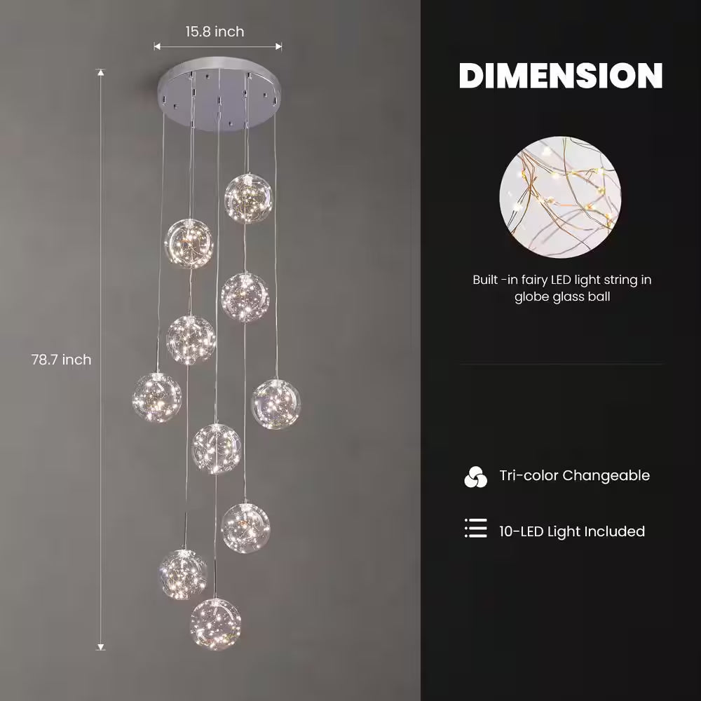 10-Light Chrome Modern LED Strip Chandelier with Clear Glass Shade for Foyer Entryway Lighting