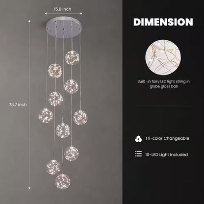 10-Light Chrome Modern LED Strip Chandelier with Clear Glass Shade for Foyer Entryway Lighting