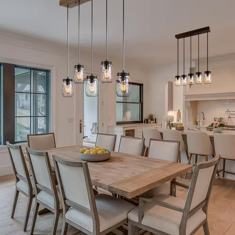 Modern Farmhouse 33 In. Wood DIY Linear Cluster Chandelier 5-Light Dark Brown Island Pendant with Rustic Mason Jar Shade
