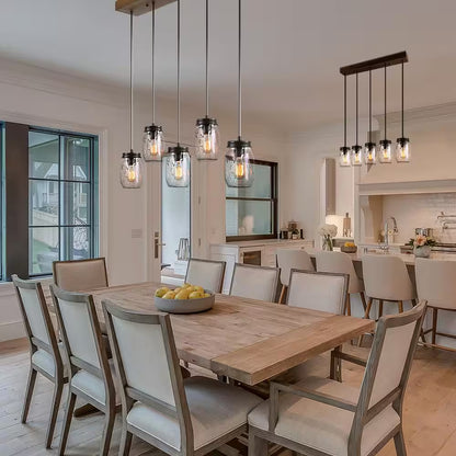 Modern Farmhouse 33 In. Wood DIY Linear Cluster Chandelier 5-Light Dark Brown Island Pendant with Rustic Mason Jar Shade
