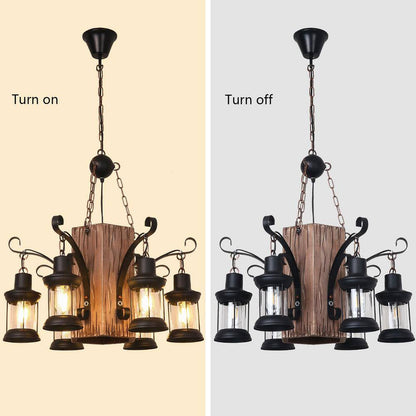 23 In. 6-Light Black Retro Rustic Wooden Chandelier for Dining Room, No Bulbs Included