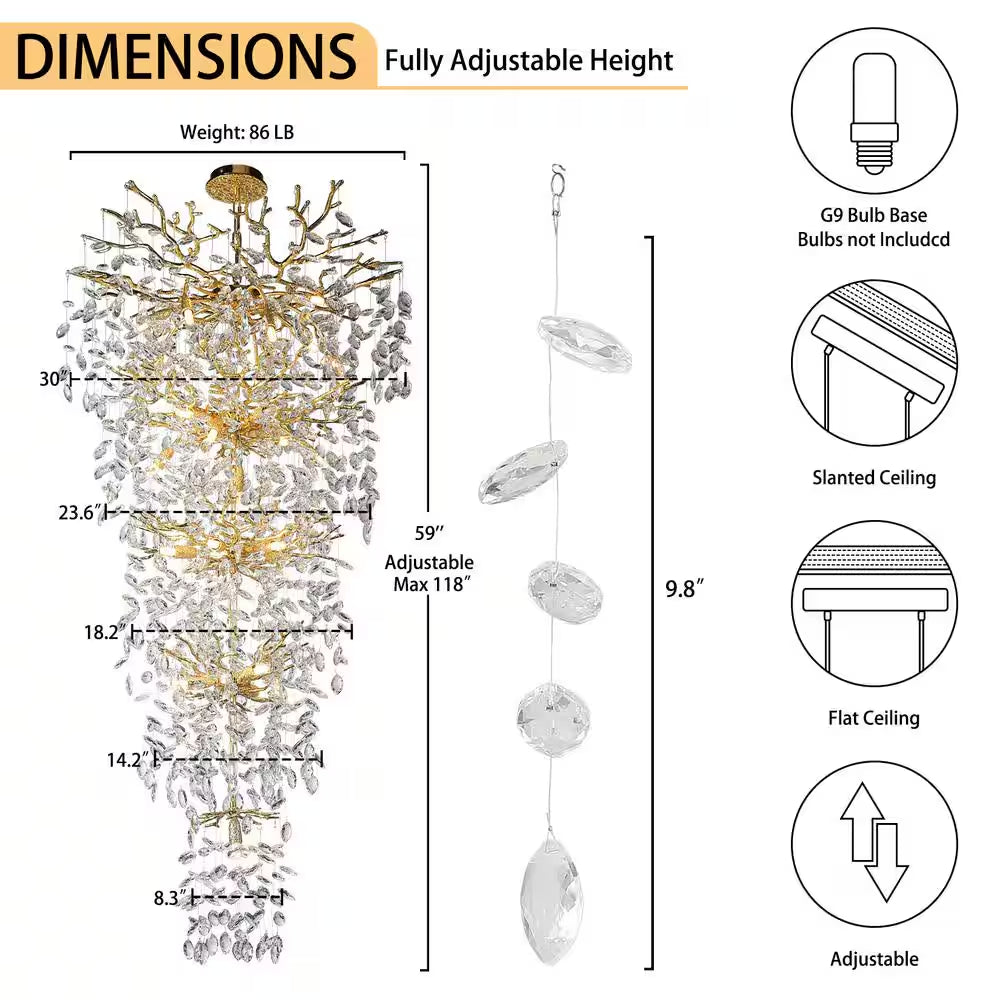 Modern Chandelier 118 In. 28-Light Crystal Gold Chandelier for Foyer, Living Room, Multiple Tiers Chandelier