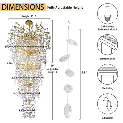 Modern Chandelier 118 In. 28-Light Crystal Gold Chandelier for Foyer, Living Room, Multiple Tiers Chandelier