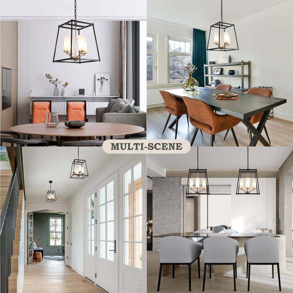 Industrial 4-Light Black Rectangle Chandelier with Frosted Glass Shades, Transitional Gold Pendant Light for Dining Room