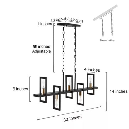 Modern Rectangle Dining Table Chandelier Transitional 5-Light Black and Brass Kitchen Island Candlestick Chandelier