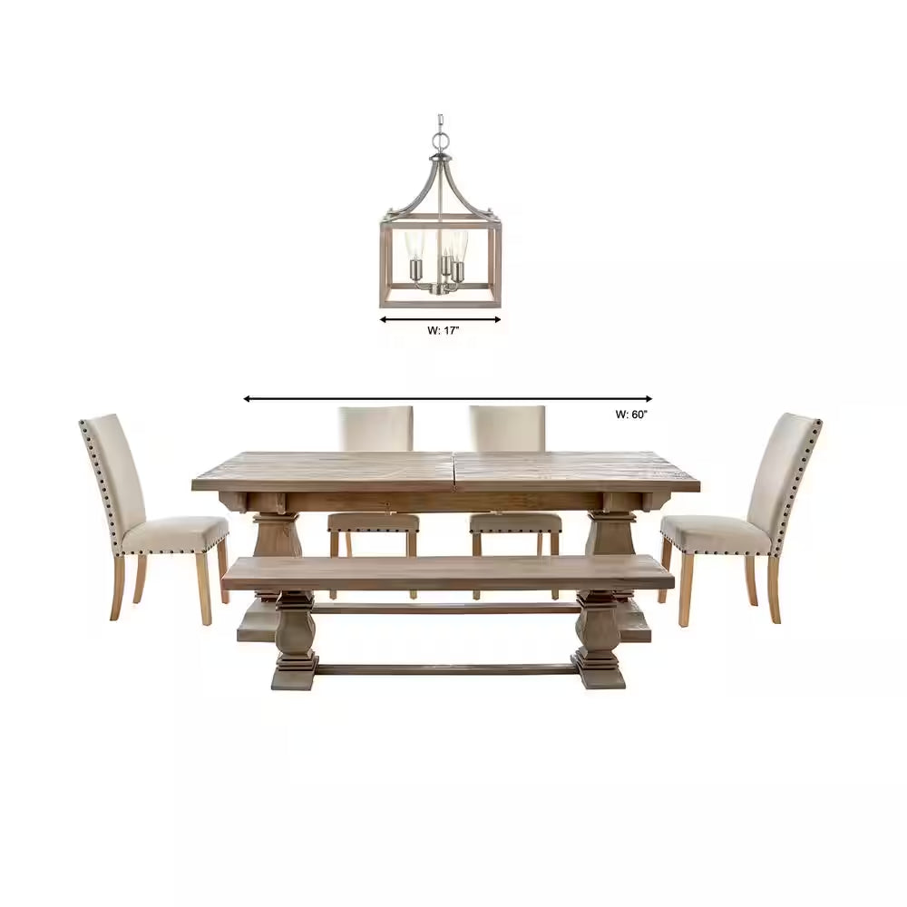 Boswell Quarter 14 In. 3-Light Brushed Nickel Farmhouse Square Chandelier with Painted Weathered Gray Wood Accents