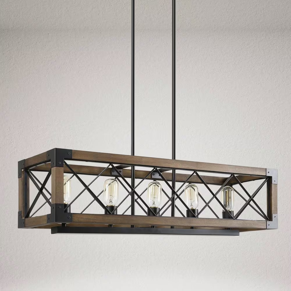 Wood Kitchen Chandelier 5-Light Linear Farmhouse Black Island Dining Room Chandelier Pendant with Rustic Rectangle Frame