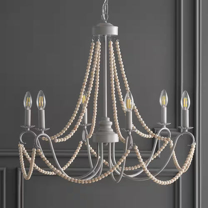Rustica 6-Light 27 In. Grey/Natural Adjustable Greige Metal/Wood Bead LED Chandelier
