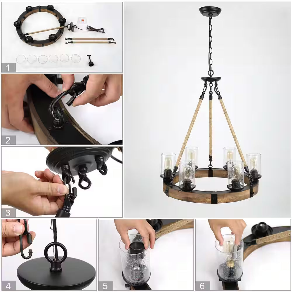 Farmhouse Chandelier 6-Light Black Wagon Wheel Wood Island Chandelier with Clear Seeded Glass Shade and Rope Accents