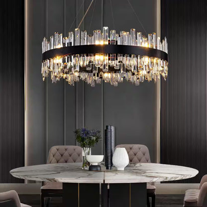 31.5 In. 16-Light Black Crystal Chandelier, Modern round K9 Crystal Hanging Pendant Ceiling Light Fixture
