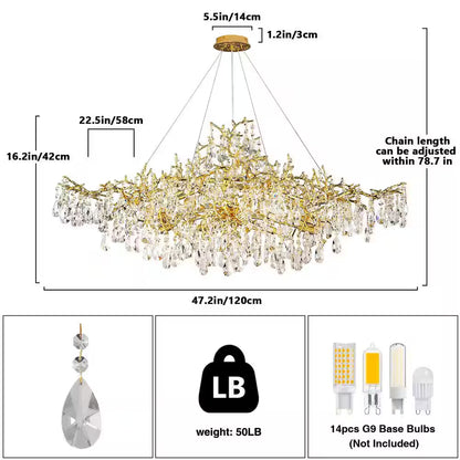 14-Lights Gold Luxury Crystal Linear Chandelier, Modern Tree Branch Chandelier for Dinning Room, Kitchen, Living Room