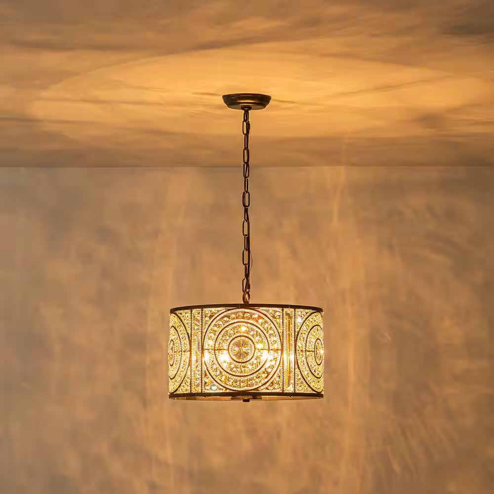Iridescent 4-Light Vintage Crystal Drum Antique Bronze Chandelier Retro Classic Medium Lighting Fixture for Dining Room