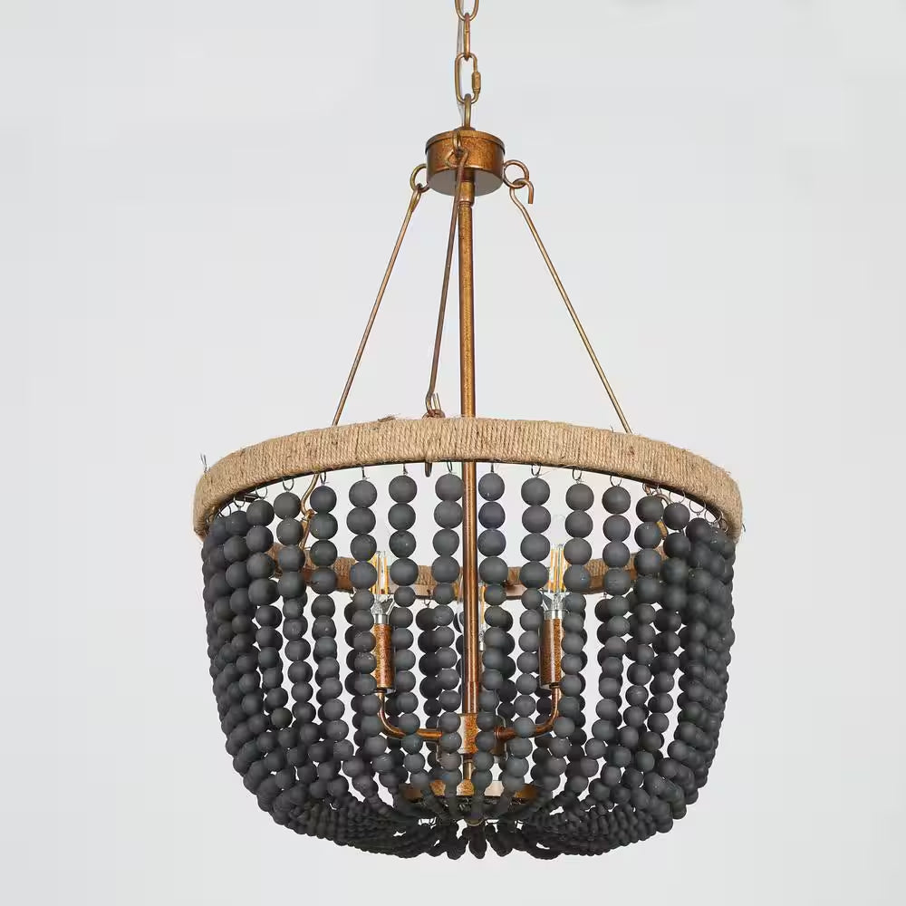 Modern Farmhouse Empire Drum Beaded Chandelier Light, 3-Light Gold Transitional Boho Chandelier with Black Wood Beads