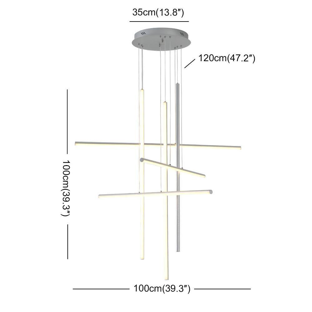 6-Lights Dimmable Integrated LED Silver Linear Chandelier for Staircase Apartment Foyer, 39.4 In.
