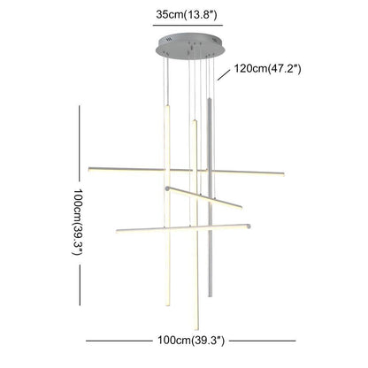 6-Lights Dimmable Integrated LED Silver Linear Chandelier for Staircase Apartment Foyer, 39.4 In.