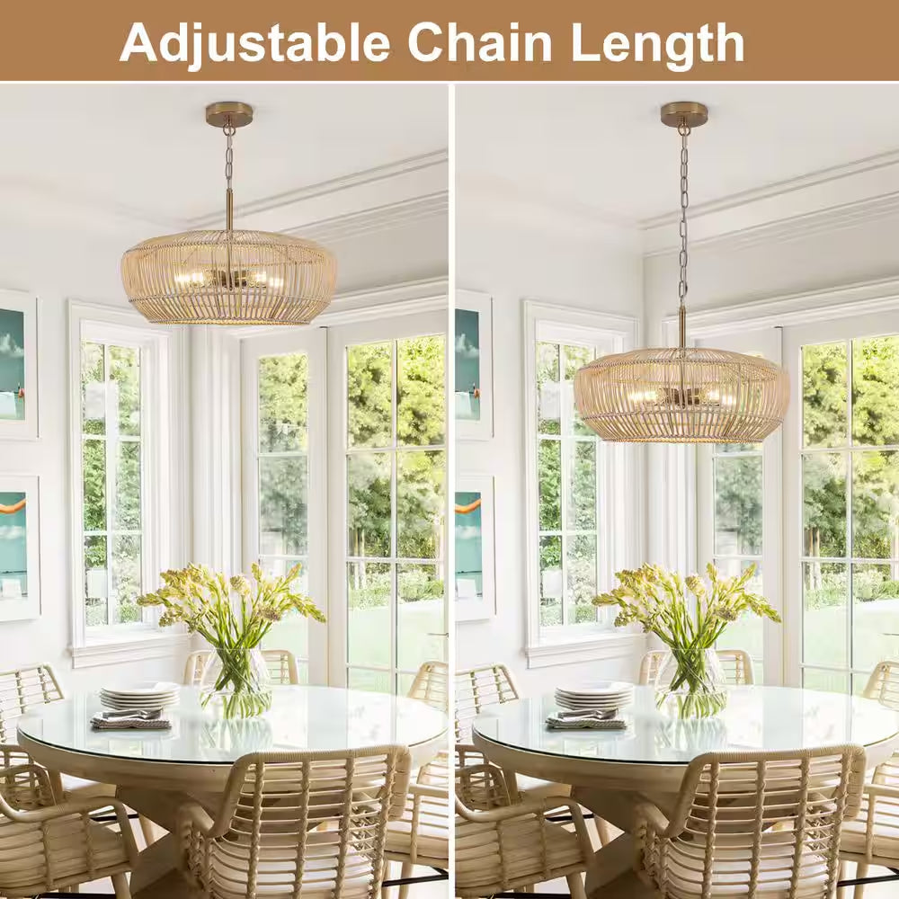 5-Light Gold Modern Bohemian Rattan Chandelier Light with Woven Shade