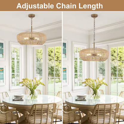 5-Light Gold Modern Bohemian Rattan Chandelier Light with Woven Shade