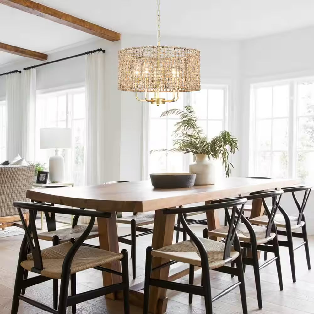 18.89 In. 5-Light Golden Bohemian Pendant Design Drum Chandelier with Natural Rattan Shade and No Bulbs Included