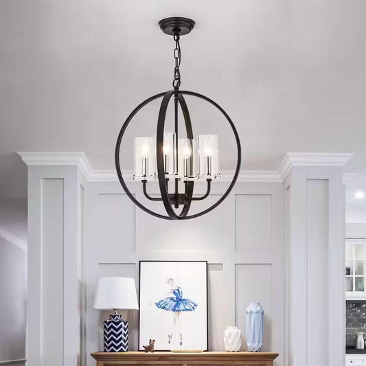 Springfield 4 -Light Shaded Globe Black Chandelier with Wrought Iron Accents