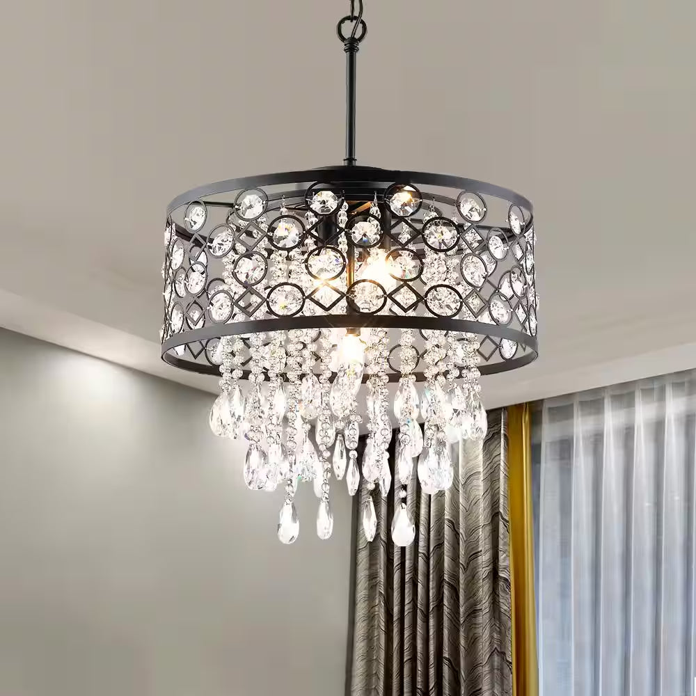 Indianapolis 5-Light Black Lantern Drum Chandelier with Crystal Accents